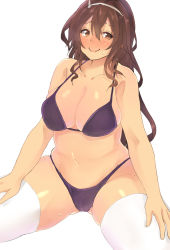 Rule 34 | 10s, 1girl, ashigara (kancolle), bad id, bad pixiv id, bikini, blush, breasts, brown eyes, brown hair, cameltoe, cleavage, curvy, female focus, hair between eyes, hairband, hand on leg, hand on own thigh, kantai collection, large breasts, long hair, looking at viewer, navel, owafu, plump, sideboob, simple background, sitting, skindentation, smile, solo, spread legs, swimsuit, thick thighs, thighhighs, thighs, wavy hair, white thighhighs, wide hips