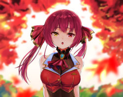 Rule 34 | 1girl, autumn leaves, blush, bow, breasts, brown leotard, dalcom, hair bow, heterochromia, highres, hololive, houshou marine, large breasts, leotard, long hair, looking at viewer, open mouth, pink hair, red eyes, red neckwear, red vest, standing, tree, twintails, upper body, vest, virtual youtuber, yellow eyes