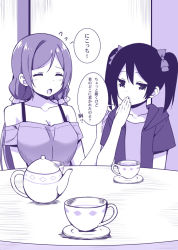 Rule 34 | 10s, 2girls, breasts, comic, cup, closed eyes, female focus, flat chest, hood, hoodie, long hair, love live!, love live! school idol project, monochrome, multiple girls, off-shoulder shirt, off shoulder, purple theme, shirt, short sleeves, sky-freedom, teapot, text focus, tojo nozomi, translation request, twintails, upper body, yazawa nico