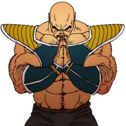 Rule 34 | 1boy, abs, arm hair, bald, black pants, closed eyes, closed mouth, commentary, dragon ball, dragonball z, facial hair, jiraiya (mangaka), male focus, midriff, muscular, muscular male, mustache, nappa, pants, praying, shoulder pads, simple background, solo, solo focus, tears, white background