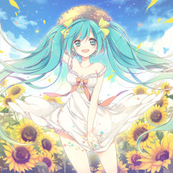 Rule 34 | 1girl, :d, ahoge, arm up, blush, bow, breasts, cleavage, cloud, covering privates, covering crotch, day, dress, floating hair, flower, green eyes, green hair, hair ribbon, hat, hatsune miku, jonejung, long hair, looking at viewer, matching hair/eyes, medium breasts, nail polish, open mouth, outdoors, petals, ribbon, sky, smile, solo, strap slip, straw hat, sunflower, twintails, very long hair, vocaloid, white dress, wind