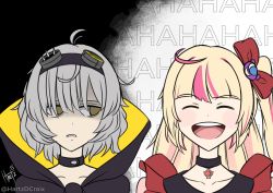Rule 34 | 2girls, :d, ahoge, ashley taylor, black choker, black cloak, blonde hair, blunt bangs, blush stickers, bow, choker, cloak, closed eyes, collarbones, cowlick, goggles, goggles on head, grey hair, hair bow, hartzdcroix, highres, laughing, looking at another, magia record: mahou shoujo madoka magica gaiden, magical girl, mahou shoujo madoka magica, miwa mitsune, multicolored hair, multiple girls, one side up, open mouth, orange cloak, orange eyes, pink hair, portrait, red bow, short hair, sidelocks, signature, smile, streaked hair, swept bangs, teeth, twitter username, two-sided cloak, two-sided fabric, two-tone cloak, upper teeth only