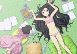 Rule 34 | 2girls, animal ears, arms up, barefoot, black hair, book, bra, brown eyes, brown hair, chips (food), dress, female focus, food, from above, handheld game console, houraisan kaguya, inaba tewi, jack (wkm74959), leg up, lingerie, long hair, lying, midriff, multiple girls, navel, neet, on back, on floor, on stomach, open book, panties, pillow, pink bra, pink dress, pink panties, playstation portable, rabbit ears, rabbit tail, reading, short hair, snack, socks, striped bra, striped clothes, striped panties, tail, touhou, underwear, underwear only, wkm74959