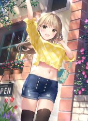 Rule 34 | 1girl, :d, absurdres, arm up, bag, black thighhighs, blonde hair, blue bag, blue shorts, blush, breasts, brown eyes, buttons, cowboy shot, crop top, crop top overhang, day, denim, denim shorts, flower, flower pot, from below, hand up, handbag, highres, huge filesize, large breasts, light rays, long hair, looking at viewer, midriff, mignon, navel, non-web source, open mouth, original, outdoors, pink flower, plaid, plaid shirt, plant, potted plant, red flower, rose, scan, shirt, short shorts, short sleeves, shorts, smile, solo, standing, stomach, sunbeam, sunlight, teeth, thighhighs, thighs, tree shade, tulip, upper teeth only, yellow flower, yellow shirt