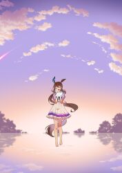 Rule 34 | 1girl, admire vega (umamusume), animal ears, barefoot, bow, bowtie, brown hair, closed eyes, cloud, facing viewer, floating, highres, horizon, horse ears, horse girl, horse tail, kanpachi (ill knpch), long hair, low ponytail, open mouth, outdoors, own hands together, petticoat, purple shirt, reflection, ripples, sailor collar, school uniform, shirt, shooting star, short sleeves, skirt, smile, solo, sunset, tail, tracen school uniform, umamusume, umamusume: road to the top, water, white skirt