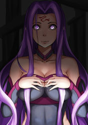 Rule 34 | 1girl, bad id, bad pixiv id, bare shoulders, breasts, cleavage, detached collar, detached sleeves, facial mark, fate/stay night, fate (series), glowing, glowing eyes, highres, long hair, looking at viewer, medusa (fate), medusa (rider) (fate), noir (4chan), purple eyes, purple hair, smile, solo, very long hair