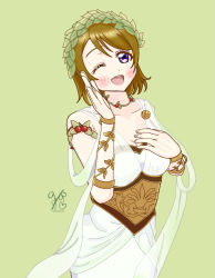 Rule 34 | 1girl, ;), artist name, artist request, bare shoulders, blush, breasts, brown hair, cherry, cleavage, collarbone, dress, female focus, food, fruit, hair between eyes, hair ornament, hand on own chest, head wreath, highres, inasaku75, inasaku yuza, jewelry, koizumi hanayo, leaf hair ornament, looking at viewer, love live!, love live! school idol festival, love live! school idol project, medium breasts, miniskirt, nail, nail polish, necklace, one eye closed, parted lips, pink nails, pink nails, plaid, plaid dress, plaid skirt, pleated, pleated dress, pleated skirt, purple eyes, short hair, skirt, sleeveless, sleeveless dress, smile, solo, veil, white dress, white skirt, white veil, wink