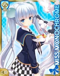 Rule 34 | 1girl, bird, blue background, blue eyes, blue jacket, blunt bangs, card, character name, checker pattern, closed mouth, from behind, girlfriend (kari), jacket, miss monochrome, miss monochrome (character), necktie, official art, qp:flapper, school uniform, shirt, skirt, smile, solo, tagme, thighhighs, twintails, waving, white footwear, white hair, white shirt