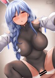Rule 34 | 1boy, 1girl, animal ear fluff, animal ears, assertive female, bar censor, black bodysuit, black thighhighs, blue hair, bodysuit, braid, braided ponytail, breasts, censored, commentary request, hetero, highres, hololive, large breasts, long hair, looking at viewer, mature female, multicolored hair, ok sign, open mouth, paid reward available, peanut (shokan), pekomama, penis, rabbit-shaped pupils, rabbit ears, rabbit girl, red eyes, sex, short eyebrows, signature, simple background, symbol-shaped pupils, thick eyebrows, thighhighs, torn bodysuit, torn clothes, virtual youtuber, white hair