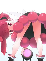 Rule 34 | 1girl, bent over, blunt bangs, boots, commentary, dress, from behind, highres, kemurikusa, kneepits, legs apart, looking at viewer, looking back, pink eyes, rina (kemurikusa), sat-c, simple background, solo, twintails, v-shaped eyebrows, white background
