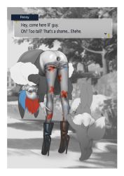 Rule 34 | 1girl, ankle boots, anus, apuru-kun, ass, bent over, black footwear, blue hair, blurry, blurry background, boots, clothes pull, commentary, creatures (company), dialogue box, eevee, english commentary, english text, flat ass, full body, fur trim, game freak, gaping, gen 1 pokemon, high heel boots, high heels, hood, hoodie, kneepits, monochrome, multicolored hair, nintendo, pantyhose, pantyhose pull, penny (pokemon), photo background, pokemon, pokemon (creature), pokemon sv, pokephilia, presenting, print legwear, print pantyhose, public indecency, red hair, round eyewear, short hair, solo focus, spot color, stiletto heels, two-tone hair, uncensored