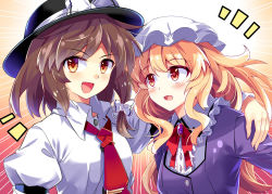 Rule 34 | 2girls, :d, adapted costume, arm around shoulder, armband, backlighting, blonde hair, blush, bow, breasts, brooch, brown eyes, brown hair, collar, collared shirt, dress, e.o., emphasis lines, fedora, friends, frilled shirt collar, frills, gradient eyes, hair bow, hat, hat bow, jewelry, long hair, long sleeves, looking at another, looking at viewer, loose necktie, maribel hearn, mob cap, multicolored eyes, multiple girls, necktie, open mouth, orange eyes, puffy long sleeves, puffy sleeves, purple dress, red eyes, red necktie, red pupils, ribbon, shirt, short hair, small breasts, smile, tie clip, touhou, upper body, usami renko, white shirt