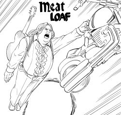 1boy absurdres bb_(baalbuddy) character_name closed_eyes flying full_body greyscale highres long_hair male_focus meat_loaf_(musician) monochrome motor_vehicle motorcycle open_mouth real_life