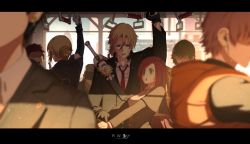 Rule 34 | 10s, 1boy, 2girls, aged up, alternate universe, blonde hair, blue eyes, brother and sister, crowd, dishwasher1910, future, green eyes, jaune arc, letterboxed, multiple girls, red neckwear, rwby, siblings, train interior, violet evergarden, violet evergarden (series)