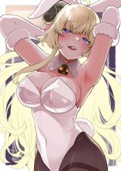 Rule 34 | 1girl, @-you (you 2023 8 16), ahoge, animal ears, armpits, arms up, bell, black pantyhose, blonde hair, blush, breasts, covered navel, detached collar, highres, hololive, horns, large breasts, leotard, licking lips, long hair, neck bell, pantyhose, playboy bunny, purple eyes, rabbit ears, rabbit tail, sheep horns, tail, tongue, tongue out, tsunomaki watame, virtual youtuber