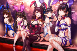Rule 34 | 5girls, :p, animal ears, bare shoulders, black hair, blue eyes, blue hairband, blue leotard, blue nails, breasts, bridal gauntlets, cleavage, closed mouth, commentary request, earrings, epaulettes, fake animal ears, hairband, highres, idol, jewelry, large breasts, crossed legs, leotard, looking at viewer, multiple girls, nail polish, navel, original, playboy bunny, purple eyes, purple hair, purple hairband, purple nails, rabbit ears, red nails, ring, sakiyamama, sitting, smile, thighhighs, thighs, tongue, tongue out, white leotard