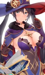 Rule 34 | 1girl, arind yudha, black hair, blue hat, blush, breasts, brown pantyhose, cleavage, genshin impact, green eyes, hat, highres, large breasts, long hair, looking at viewer, mona (genshin impact), pantyhose, solo, twintails, witch hat