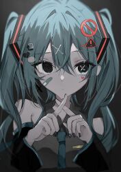 Rule 34 | 1girl, aqua eyes, aqua hair, aqua necktie, bandaid, bandaid on face, bare shoulders, black nails, breasts, collared shirt, commentary, crossed out, detached sleeves, earrings, expressionless, facial tattoo, fingernails, grey background, hair between eyes, hair ornament, hatsune miku, heart, heart tattoo, highres, jewelry, like and retweet, long hair, nail polish, necktie, shirt, sidelocks, simple background, single earring, small breasts, solo, tattoo, twintails, upper body, vocaloid, waimoniku, x fingers, x hair ornament