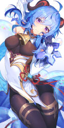 Rule 34 | 1girl, ahoge, arm up, bare shoulders, bell, black pantyhose, blue hair, bow, breasts, chinese knot, commentary, detached sleeves, english commentary, flower knot, ganyu (genshin impact), genshin impact, gold trim, highres, long hair, looking at viewer, medium breasts, neck bell, pantyhose, purple eyes, sidelocks, solo, tassel, thigh gap, thighlet, thighs, vision (genshin impact), white sleeves, yukleeeee