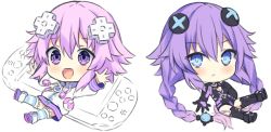 Rule 34 | 2girls, :&lt;, :d, black footwear, black legwear, black leotard, blush, boots, braid, breasts, character name, chibi, choujigen game neptune, cleavage, closed mouth, commentary, d-pad, d-pad hair ornament, drawstring, english commentary, full body, hair between eyes, hair ornament, hitsukuya, hood, hood down, hooded jacket, jacket, leotard, long sleeves, looking at viewer, multiple girls, neptune (neptunia), neptune (series), open mouth, outstretched arm, pink hair, power symbol, power symbol-shaped pupils, puffy short sleeves, puffy sleeves, purple eyes, purple footwear, purple hair, purple heart (neptunia), shoe soles, short sleeves, simple background, smile, striped clothes, striped legwear, striped thighhighs, symbol-shaped pupils, thigh boots, thighhighs, thighhighs under boots, twin braids, twintails, white background, white jacket