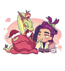 Rule 34 | 1boy, apple, bow, candy, candy cane, christmas, closed eyes, commentary, creatures (company), cup, food, fruit, game freak, gift, green bow, hat, highres, horns, hydrapple, kieran (pokemon), nintendo, pokemon, pokemon (creature), pokemon sv, purple hair, s (esumi kihomaru), santa hat, sitting, symbol-only commentary, tail, white background, worm, yellow eyes