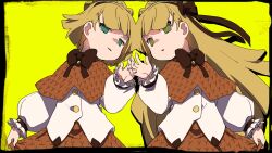 Rule 34 | 1boy, 1girl, aqua eyes, blonde hair, braid, brown capelet, brown hairband, brown ribbon, brown skirt, capelet, commentary request, crown braid, frilled sleeves, frills, ganeshia, green background, green eyes, hair ribbon, hairband, highres, holding hands, lobotomy corporation, long hair, long sleeves, matching outfits, neck ribbon, parted bangs, pleated skirt, project moon, ribbon, shirt, skirt, tiphereth a (project moon), tiphereth b (project moon), white shirt