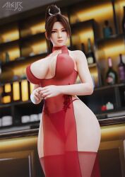 Rule 34 | 3d, akiryo, ass, bare arms, bikini, bottle, breasts, brown eyes, brown hair, cleavage, fatal fury, highres, large breasts, long hair, looking at viewer, neck, see-through, shiranui mai, swimsuit, the king of fighters, thighs, wine bottle
