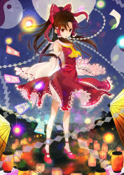 Rule 34 | 1girl, ascot, bare shoulders, bow, brown eyes, brown hair, danmaku, detached sleeves, dress, frilled skirt, frilled sleeves, frills, full body, gohei, hair bow, hair tubes, hakurei reimu, looking at viewer, meet (105r), nontraditional miko, ofuda, ponytail, red bow, red dress, red footwear, sarashi, shide, shoes, skirt, solo, touhou, yin yang