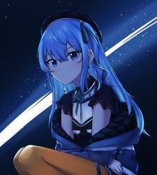 Rule 34 | 1girl, ahoge, backlighting, beret, black choker, black hat, blue coat, blue eyes, blue hair, blue light, bow, bow earrings, breasts, choker, coat, comet, crossed arms, dark, earrings, hair ribbon, hat, highres, hololive, hoshimachi suisei, hoshimachi suisei (streetwear), jewelry, kenken (keuken), lace, lace-trimmed sleeves, lace choker, lace trim, long hair, looking at viewer, off-shoulder coat, off shoulder, official alternate costume, official alternate hairstyle, orange pantyhose, padded coat, pantyhose, ribbon, ringlets, short sleeves, sidelocks, sitting, skirt, small breasts, solo, star (symbol), star in eye, starry background, symbol in eye, thigh strap, thighs, virtual youtuber, winter clothes, winter coat