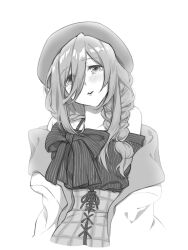 Rule 34 | 1girl, bare shoulders, beret, blush, braid, commentary request, dress, fashion, go-toubun no hanayome, greyscale, hair between eyes, hair over shoulder, hat, highres, long hair, long hair between eyes, looking at viewer, monochrome, nakano miku, off-shoulder dress, off shoulder, parted lips, simple background, solo, upper body, white background, yu (flowerbird3830)
