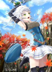 Rule 34 | 1girl, absurdres, blue sky, cliff, dual wielding, eiyuu densetsu, elbow gloves, english text, falling leaves, fie claussell, fingerless gloves, floating hair, gloves, gunblade, highres, holding, holding weapon, kuro no kiseki, leaf, maple leaf, maple tree, outdoors, skirt, sky, solo, tree, weapon, wind, witch f