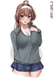 Rule 34 | 1girl, ahoge, alternate costume, black skirt, blush, breasts, brown hair, cardigan, cowboy shot, double bun, grey cardigan, hair bun, hairband, hand on own chest, highres, kantai collection, kongou (kancolle), long hair, long sleeves, medium breasts, open mouth, school uniform, simple background, skirt, smile, solo, tf cafe, twitter username, white background