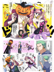 Rule 34 | !, !!, ..., 1girl, 2boys, abs, animal ears, artist request, blush stickers, breasts, candy, capelet, cat ears, cat tail, crop top, disgust, dracule mihawk, dress, drill hair, emphasis lines, eyelashes, femdom, food, forced, green hair, halloween, halloween costume, hat, highres, huge weapon, large breasts, long hair, long sleeves, looking at another, looking at viewer, multiple boys, muscular, muscular male, one piece, open clothes, open mouth, open shirt, paw pose, pectorals, perona, pink hair, pumpkin, red capelet, restrained, roronoa zoro, sequential, shirt, short hair, simple background, skirt, sleeveless, sleeveless dress, smile, strapless, strapless dress, sword, tail, teamwork, translation request, trick or treat, twintails, very long hair, very short hair, weapon, white shirt, yoru (sword)