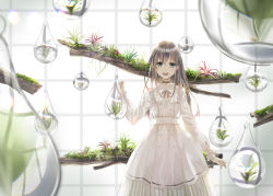 Rule 34 | 1girl, blue eyes, bow, branch, brown bow, brown hair, collared shirt, commentary request, dress, hair between eyes, highres, indoors, long hair, looking at viewer, naruse chisato, open mouth, original, shirt, sleeveless, sleeveless dress, solo, teeth, transparent, upper teeth only, very long hair, white dress, white shirt, window