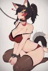 Rule 34 | 1girl, animal ear fluff, animal ears, black collar, black hair, blush, bra, breasts, collar, cuffs, feet, hair between eyes, hair ornament, handcuffs, heart, highres, hololive, large breasts, leash, multicolored hair, ookami mio, panties, red bra, red hair, red panties, simple background, smile, soles, solo, streaked hair, tail, tail wagging, thighhighs, underwear, underwear only, variant set, varniskarnis, virtual youtuber, wolf ears, wolf girl, wolf tail