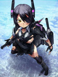 Rule 34 | 10s, 1girl, black hair, black thighhighs, boots, breasts, cannon, doyouwantto, eyepatch, highres, kantai collection, short hair, solo, sword, tenryuu (kancolle), thighhighs, torn clothes, torn thighhighs, weapon, yellow eyes