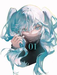 Rule 34 | 1girl, aqua eyes, aqua hair, aqua nails, blue eyes, blue hair, blue nails, coat, covered mouth, cropped torso, eyelashes, glutton (18152740927lx), hair between eyes, hair over one eye, hatsune miku, highres, holding, holding own hair, lightning, long eyelashes, long hair, long sleeves, looking at viewer, nail polish, pale skin, simple background, solo, twintails, vocaloid, white background