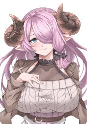 Rule 34 | 1girl, absurdres, alternate costume, aqua eyes, blue eyes, blush, breasts, collarbone, collarbone visible through clothes, demon horns, draph, fang, female focus, granblue fantasy, hair over one eye, hand on own chest, head tilt, highres, horns, jacket, kurakura s3, large breasts, light purple hair, long hair, long sleeves, looking at viewer, narmaya (granblue fantasy), neck, pointy ears, purple hair, simple background, skin fang, smile, solo, sweater, upper body, very long hair, white background, white sweater