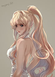 Rule 34 | 1girl, artist name, back, backless dress, backless outfit, blonde hair, blue eyes, breasts, dress, earrings, from side, grey background, hair behind ear, halter dress, halterneck, highres, jewelry, light smile, looking at viewer, macross, macross frontier, medium breasts, ponytail, ryu (masu nantoka-san), sheryl nome, single earring, solo, white dress