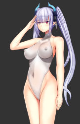 Rule 34 | 1girl, arm up, armpits, bare legs, bare shoulders, black background, breasts, covered erect nipples, covered navel, cowboy shot, daiaru, expressionless, female focus, groin, heterochromia, highres, large breasts, legs, leotard, long hair, looking at viewer, original, pointy ears, purple hair, salute, senhime bad ending after, simple background, solo, standing, thighs, twintails, white leotard