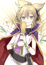 Rule 34 | 1girl, armpit peek, belt, blouse, bracelet, brown eyes, cape, closed mouth, commentary request, earmuffs, gold trim, hair between eyes, hair flaps, hands up, highres, holding, holding stick, jewelry, light blush, light brown hair, looking at viewer, pointy hair, purple cape, risui (suzu rks), ritual baton, shirt, sleeveless, sleeveless shirt, smile, solo, split mouth, stick, sunburst, touhou, toyosatomimi no miko, upper body, white shirt