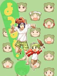 Rule 34 | 1boy, 1girl, blue hair, brown shorts, cape, chasing, commentary, father and daughter, green background, green eyes, green hair, green shorts, headphones, highres, idrawwhatilike, koiwai yotsuba, motion blur, mr. koiwai, open mouth, orange shorts, outstretched arms, pantsman, paper hat, quad tails, red cape, running, shirt, short hair, shorts, smile, striped clothes, striped shorts, sword, t-shirt, vertical-striped clothes, vertical-striped shorts, weapon, white shirt, wooden sword, yotsubato!