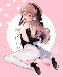 Rule 34 | 1girl, ahegao, animal ears, ass, back, breasts, brown eyes, brown hair, fake animal ears, floppy ears, full body, heart, high heels, leotard, long hair, medium breasts, nipple stimulation, open mouth, original, pantyhose, pink background, playboy bunny, pussy juice, rabbit tail, sex toy, sideboob, sitting, solo, tail, tama launcher, tearing up, vibrator