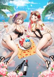 Rule 34 | 2girls, absurdres, alternate hairstyle, artist request, beach, bikini, black bikini, black footwear, black one-piece swimsuit, black slingshot swimsuit, bottle, breasts, can, cleavage, clothes pull, cloud, colored inner hair, commentary, english commentary, eyewear on head, flower, food, green eyes, hair flower, hair ornament, hat, head tilt, highres, large breasts, lens flare, long hair, looking at viewer, lying, medium breasts, midriff, miori celesta, mole, mole under eye, multicolored hair, multiple girls, navel, ocean, on side, one-piece swimsuit, one-piece swimsuit pull, one eye closed, orange hair, orla gan ceann, palm tree, popcorn, purple eyes, red flower, red rose, rose, second-party source, short hair, sky, slingshot swimsuit, smile, sun hat, sunglasses, swimsuit, tree, tsunderia, virtual youtuber, water, wine bottle