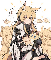 Rule 34 | 3girls, :d, ^ ^, animal, animal ear fluff, animal ears, arknights, armor, blemishine (arknights), blonde hair, blue eyes, blush, breastplate, carrying, chinese commentary, closed eyes, coat, commentary request, fur-trimmed armor, fur trim, garrison cap, gloves, hat, headset, highres, horse ears, horse girl, horse tail, implied extra ears, kyou 039, low ponytail, multiple girls, multiple views, nearl (arknights), nearl the radiant knight (arknights), open mouth, plate armor, ponytail, signature, simple background, smile, sparkle, sparkling eyes, speech bubble, tail, thighhighs, translation request, twitter username, uwu, whislash (arknights), white background, white coat, yellow eyes, zettai ryouiki