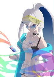 Rule 34 | 1girl, alternate costume, another project, bikini, bikini top only, black choker, blue hair, bow, can, choker, collarbone, colored inner hair, grey hair, highres, hyou ryou no ji, jacket, midriff, multicolored hair, navel, off shoulder, open mouth, rola (vtuber), skirt, solo, swimsuit, thigh strap, virtual youtuber, white bow, white jacket, white skirt