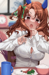 Rule 34 | 1girl, absurdres, animal ears, blurry, blurry background, blush, bow, breasts, broccoli, brown eyes, brown hair, button gap, buttons, cleavage, collarbone, commentary request, cup, dilated pupils, ear covers, food, fried egg, highres, holding, horse ears, horse girl, horse tail, king halo (umamusume), long hair, long sleeves, looking at viewer, mug, open mouth, parted bangs, plate, red eyes, rice, salt, sausage, shirt, sitting, solo, surprised, tabunshake, tail, umamusume, upper body, vegetable, white shirt