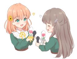 Rule 34 | 2girls, :d, aqua eyes, blush, brown hair, closed eyes, collared dress, commentary request, cropped torso, crossed bangs, dakishimeru hanabira (love live!), drawn heart, dress, facing another, flower, fujishima megumi, green dress, hair flower, hair ornament, heart, highres, hinoshita kaho, holding, holding flower, holding microphone, link! like! love live!, long hair, long sleeves, looking at another, love live!, medium hair, microphone, multiple girls, open mouth, orange hair, simple background, smile, two side up, virtual youtuber, white background, yellow flower, yutuki ame