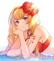 Rule 34 | athena (granblue fantasy), bikini, blonde hair, braid, braided ponytail, breasts, choker, closed mouth, criss-cross halter, crossed bangs, flower, granblue fantasy, hairband, halterneck, head rest, hibiscus, kingyo 114, long hair, looking at viewer, lying, medium breasts, multiple braids, nail polish, on stomach, partially submerged, purple eyes, red bikini, red choker, red nails, side braid, solo, swimsuit, twin braids, upper body, water, white background