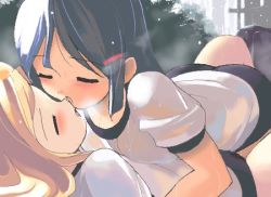 Rule 34 | 2girls, black hair, blonde hair, blush, character request, child, closed eyes, hair ornament, hairclip, jiji (aardvark), lowres, multiple girls, open mouth, source request, yuri